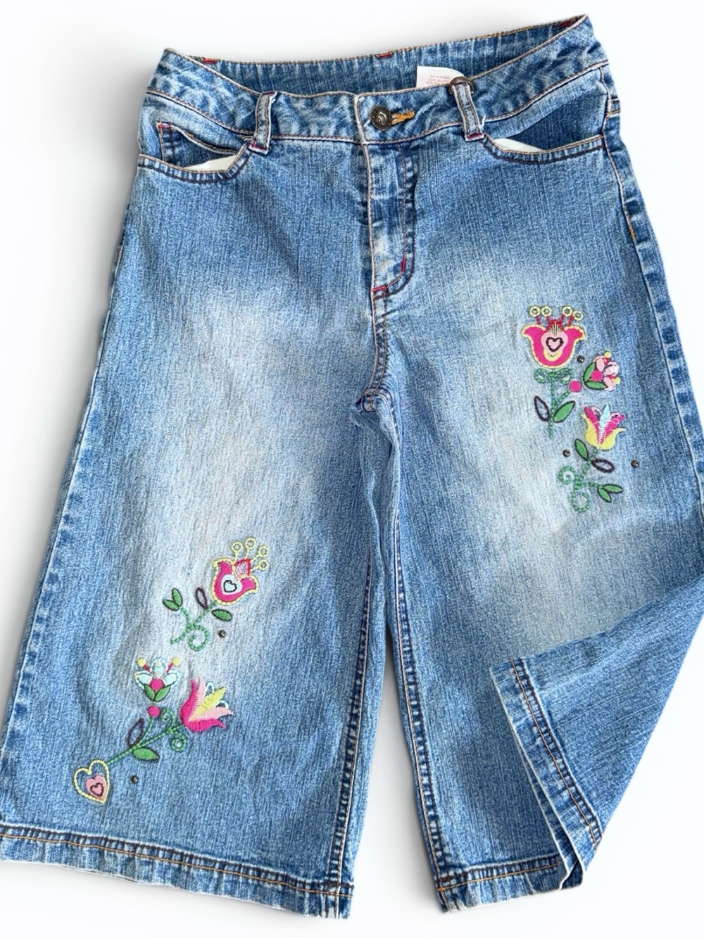 Y2K Nickelodeon Unfabulous Embroidered Floral Wide Leg Denim Culottes - Blue.
